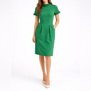 Green Ruffle Neck Shift Dress | Prwppy Chic Midi Dress | Pockets | Work Office